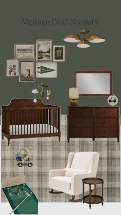 Golf themed nursery, vintage golf, baby boy nursery, green nursery Simple Nursery Boy, Green Baby Nursery, Green Nursery Boy, Classic American Home, Baby Bear Nursery, Golf Room, Nursery Decor Inspiration