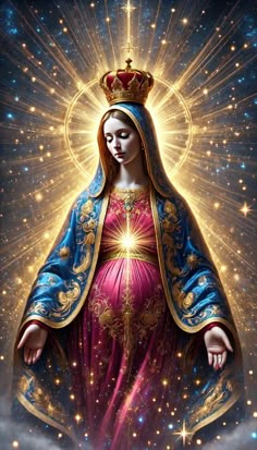 the virgin mary is surrounded by stars and sparkles in the sky with her arms outstretched