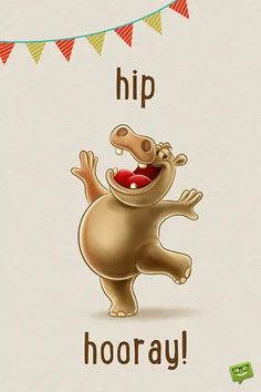 a cartoon hippo jumping up and down with the words hip hooray above it