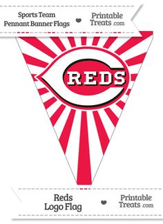 a red and white striped pennant with the word reds on it, as well as an arrow