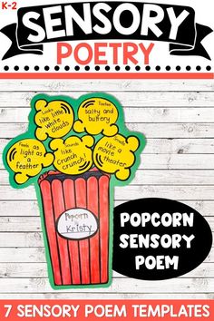 an image of a poster with popcorn on it and the words, 7 sensory poem templates