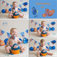 a baby sitting on the floor in front of some blue and orange decorations, eating cake