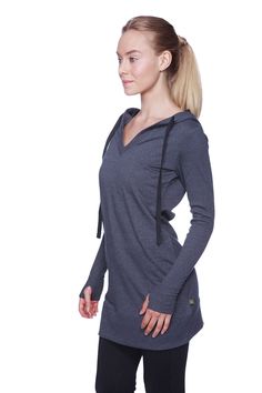 Women's Long Body Hoodie Top (Charcoal w/Black) Womens Hoodie Tops 4-rth Travel Hoodie, Hooded Top, Contemporary Chic, Head Hair, Hooded Tops, Flats Top, Charcoal Color, Hoodie Top, Ribbed Fabric