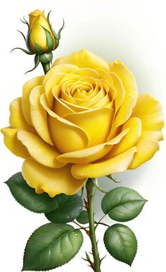 a yellow rose with green leaves on a white background