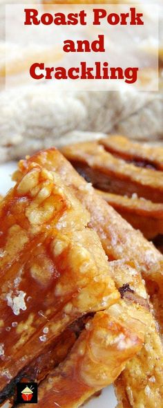 roast pork and crackling on a white plate with text overlay that reads roast pork and crackling