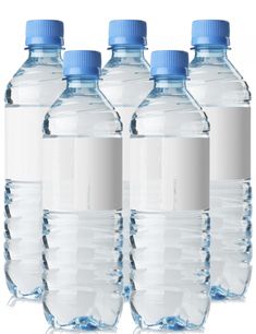 four water bottles with blue caps are lined up