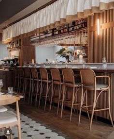 an empty bar with chairs and barstools