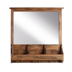 a wooden mirror and coat rack with hooks