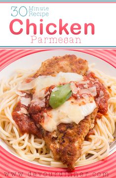 chicken parmesan on a plate with text overlay