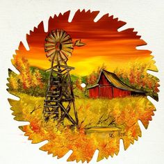 a painting of a windmill and barn in the fall