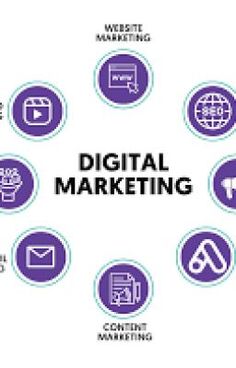 the words digital marketing surrounded by icons in purple and blue colors on a white background