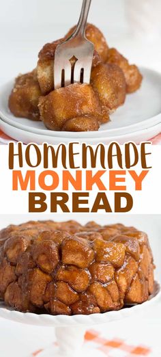 homemade monkey bread on a white plate with a fork and text overlay that reads homemade monkey bread