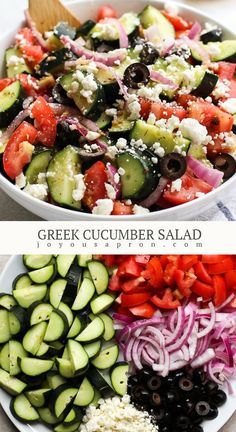 greek cucumber salad with feta cheese and olives in a white bowl