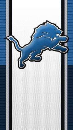 the detroit lions logo is shown on a blue and white striped background with black trim