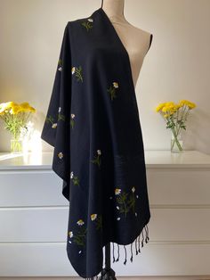 Hand Embroidered Cotton Shawl  Chamomile in Black (Late Bloom) You'll feel the love and hard work poured into creating this piece. *Dimensions: approx. 26 x 70 in *Care: Hand wash (Delicate) & Air dry (Tumble Low dry) *Material: Cotton *Note: May carry certain irregularities that are part of its unique charm Shawl Embroidery, Embroidery Shawl, Cotton Shawl, Astoria Ny, Black Shawl, Unique Charms, Shawls And Wraps, Hard Work, Air Dry