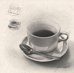 a drawing of a coffee cup and spoon on a saucer