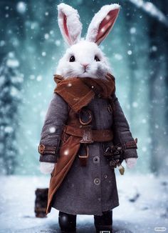 a white rabbit in a coat and scarf standing in the snow with its eyes closed