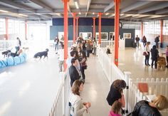 many people are walking around in an indoor area with orange pillars and white railings