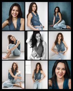 a collage of photos with a woman in denim clothes smiling and posing for the camera