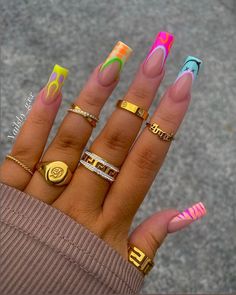 These are the BEST Coachella nails ideas and other festival nails summer acrylic! If you’re looking for the cutest rainbow festival nail designs, such as festival nails Coachella, rainbow French tip nails, music festival nails acrylic coffin, colorful festival nail art designs, or any other festival nail ideas for 2022, then this is the post that you’ll want to check out! Mix Match Acrylic Nails, Multi Color Acrylic Nail Designs, Colorful Gel X Nails, Graphic Acrylic Nails, Cute Funky Nails Square, Multi Color Acrylic Nails, Multicolor Nails Acrylic, Summer Nails Multi Color, Funky Nails Square