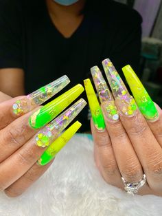 Lime Green Birthday Nails, Neon Green And Gold Nails, Neon Green Nails With Rhinestones, Neon Green Bling Nails, Neon Encapsulated Nails, Green And Yellow Nails, Gem Nail Designs, Long Gel Nails, Encapsulated Nails