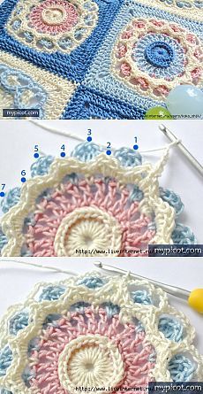 the crochet pattern is shown in three different colors, including blue and pink