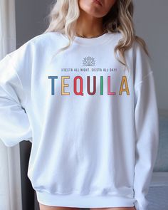 "The perfect chance to wear a Tequila Mexico Sweatshirt. This makes a great way to have soft cozy oversized girls trip travel sweatshirt. For anyone that adores: Tequila, Mexico Travel, Partying and Fiestas this is for you!  Gildan 18000 Sweatshirt  Unisex Adult Sizing  Listing includes: Sweatshirt Only  50% Cotton, 50% Polyester Made To Order:  This is a Direct-To-Garment item and the ink is printed into the fabric, which prevents cracking and peeling.  Size:  Photos include size charts with di Tequila Mexico, Mexico Party, Travel Sweatshirt, Acai Bowls, Tequila Shirt, Agave Plant, Moon Design, Mexico Travel, Bowls Recipe