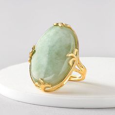 30x20mm Jade Ring in 18kt Gold Over Sterling | Ross-Simons Jade Accessories, Jade Rings, Stone Ring Design, Jade Design, Ring Inspo, Diamond Fashion Jewelry, Turquoise Drop Earrings, Gold Rings Fashion, Green Stones