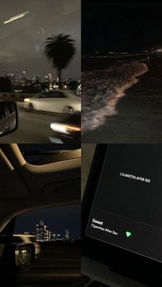 there are two pictures with cars at night and the same image is taken from inside a car