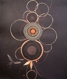 an abstract painting with circles and swirls on a black background is shown in this image