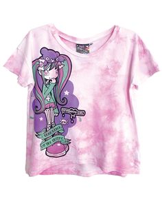 "Our Made-In LA oversize crop tee features a hand illustrated pastel goth Violetta Skye with her lilac & green hair and skeleton tights, with verbiage I WEAR BLACK ON THE INSIDE   This crop tee has been hand tie-dyed in cotton candy pastel pink and white. The print is an old fashioned silkscreen- not a digital print. The inks are premium, soft and sink into the fabric The fit is very wide and slouchy, with a slight curved shark-tail hem. The hem lies at high hip This T Shirt has been preshrunk S Summer Fairy Grunge Tops For Alternative Fashion, Fairy Grunge Tops For Spring Streetwear, Summer Grunge Tops With Anime Print, Pastel Goth Short Sleeve T-shirt For Streetwear, Fairy Grunge Short Sleeve Tops For Streetwear, Trendy Hand Dyed Short Sleeve T-shirt, Spring Alternative Style T-shirt, Spring Graphic Tee For Alternative Fashion, Purple Grunge T-shirt For Summer