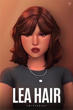 a digital rendering of a woman with brown hair and necklace on her neck, wearing a t - shirt that says lea hair