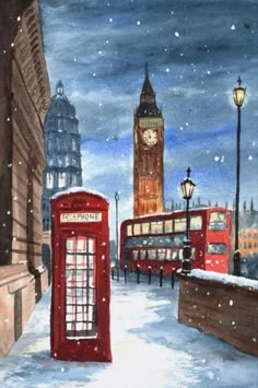 Watercolor style poster of snowy London night in winter, including red telephone box, red double decker bus and Big Ben in the background of this perspective drawing