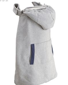 a gray and blue hooded blanket with hoodie on it's back, in front of a white background