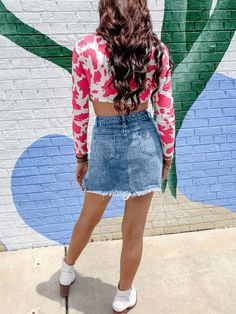 Be a dazzler in the Krysten Denim Mini Skirt! This awesomely fashionable skirt features elegant sequins and an on-trend fringe tassel hem, so you'll never blend in with the crowd. Step into the night in standout style! #shinebright Size Guide: Influencer is 5’6” tall, and has a 33.25” bust, 26.5” waist, & 35.6” hips. She is wearing a S / US 4 / AU 8. This Skirt is true to size. Material: 100% cotton. Feature: Denim Fabrication. Sequins Fringe Pocket. Pocketed. Tassel Hem. Care Instructions: Mach Spring Party Stretch Denim Skirt, Stretch Denim Skirt For Night Out In Spring, Trendy Stretch Mini Skirt With Frayed Hem, Fitted Mini Skirt With Fringe, Trendy Mini Skirt With Frayed Hem, Stretch Denim Skirt For Summer Party, Denim Mini Skirt For Spring Night Out, Chic Mini Skirt With Frayed Hem For Spring, Chic Spring Mini Skirt With Frayed Hem