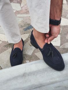 … Blue Loafers, Navy Blue Shoes, Gentleman Shoes, Leather Loafer Shoes, Mens Casual Dress Outfits, Suede Tassel, Tassel Loafers, Men Fashion Casual Outfits, Navy Leather