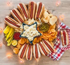 a platter filled with hot dogs, chips and condiments