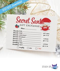 a christmas gift exchange card with santa's face on it and the words secret santa