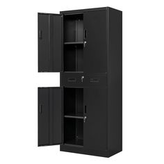 two black metal lockers with doors open