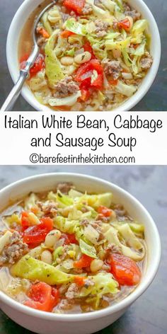 two pictures showing different types of soup in white bowls and one with meat, cabbage and tomato