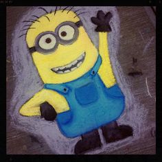 a drawing of a minion with one hand up in the air