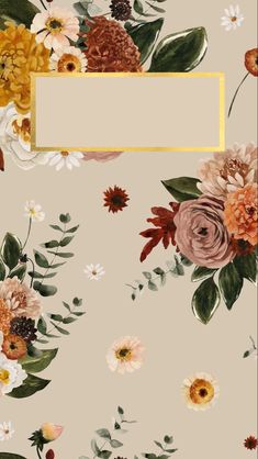 a floral wallpaper with a gold frame and flowers on the bottom right hand corner