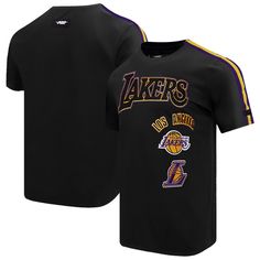 Rep your Los Angeles Lakers pride in classic style with this Pro Standard Retro Classic Striped T-Shirt. This throwback-inspired tee features sewn-on stripes on the sleeves, adding a vintage athletic touch to your game-day look. The 100% cotton fabric offers exceptional comfort and breathability, making it ideal for cheering from the stands or rocking your Los Angeles Lakers pride around town. Collegiate Black Tops With Three Stripes, Black T-shirt With Contrast Stripes For Streetwear, Cotton T-shirt With Side Stripes, Black Varsity Top With Three Stripes, Black Jersey Tops With Three Stripes, Black Jersey Top With Three Stripes, Varsity Style Jersey T-shirt With Short Sleeves, Varsity Style Short Sleeve Jersey T-shirt, Varsity Jersey T-shirt With Short Sleeves