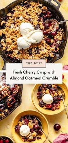 fresh cherry crisp with almond oatmeal crumble in a cast iron skillet