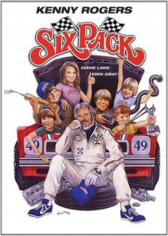 the movie poster for six pack featuring an older man sitting on top of a car