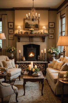 a living room filled with furniture and a fire place under a chandelier in front of a fireplace