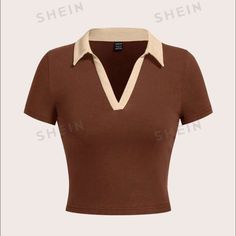 Shein Nwt Large Short Sleeve Brown And Beige Polo Cropped Top. Very Stretchy Great Material. Shirts With Collars For Women, Affordable Y2k Collared Tops, Cheap Red Cropped T-shirt Casual Style, Affordable Trendy Daywear Tops, Cheap Y2k Cropped Crew Neck Shirt, Affordable Vintage Streetwear Crop Top, Cheap High Stretch Y2k Tops, Cheap Y2k Collared Tops, Cheap Red Crew Neck Crop Top