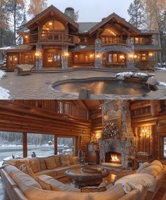 this is an image of a log home in the winter and after it was built