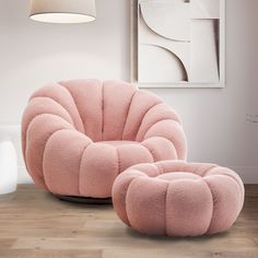 Teddy Boucle Fabric Pink Mirielle 1 Seater Swivel Sofa with Footstool Baby Pink Sofas, Cute Pink Chair, Light Pink Sofa, Bedroom Sofa Ideas, Pink Accent Chair, Pink Chairs, Pink Sofa