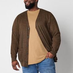 Complete your look with the warmth and style of this men's big and tall button cardigan from St. John's Bay. Cut for a classic-fit, this slip-on sweater is cut for a classic-fit from soft, recycled cotton-knit and has a v-neckline, long sleeves, and side pockets. Wear it over a button-down shirt or graphic tee paired with jeans or tailored pants.Closure Type: ButtonFit: Classic FitNeckline: V NeckSleeve Length: Long SleeveFiber Content: 60% Cotton, 40% Recycled PolyesterFabric Description: KnitC Tall Sweater, Cardigan Brown, Plus Size Cardigans, Large Sweaters, Mens Cardigan, Button Cardigan, Tailored Pants, Sleeve Cardigan, Mens Big And Tall